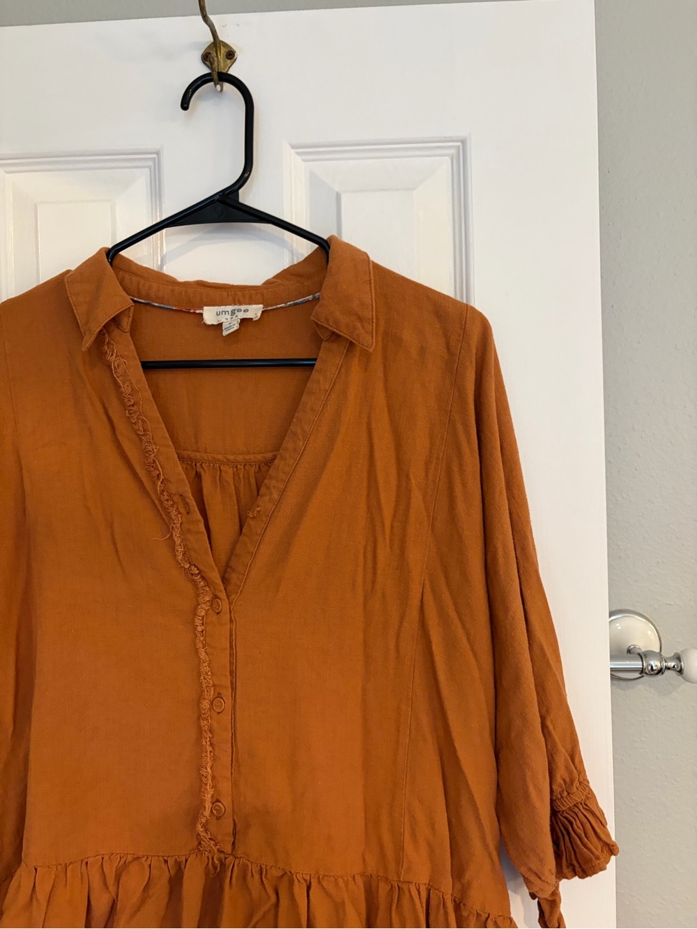 Umgee Rust Orange Peasant Ruffle Button-Front Top - Picture 2 of 6